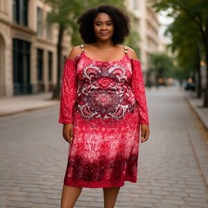 Ashley Stewart Long Sleeve Cold Shoulder Burgundy & Pink Plus Dress Sz 22/24 NWT